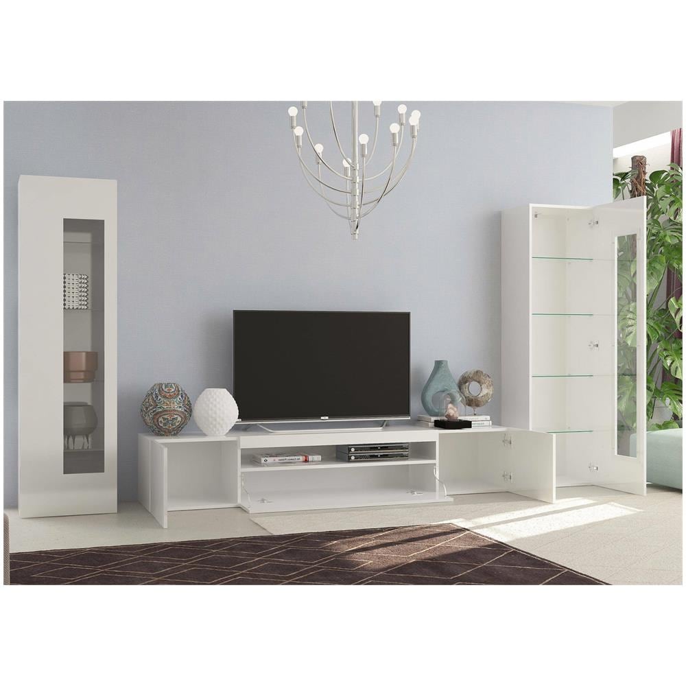 Parete Attrezzata Enzo, Set Salotto Porta Tv, Mobile Soggiorno Multiuso Con Luce Led, 100% Made In Italy, Cm 290x40h162, Bianco Lucido - Foto 4