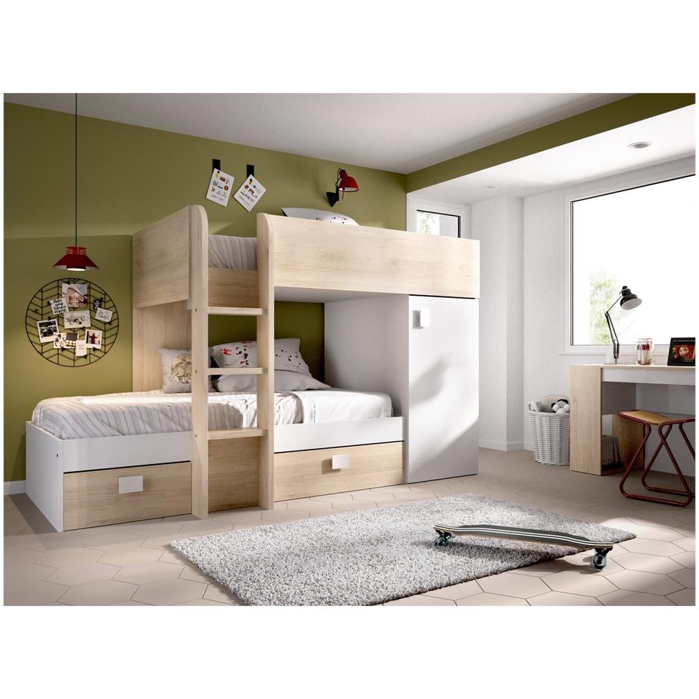 Letto Per Bambini Marmolada, Cameretta Completa Con Armadio E Cassetti, Composizione Letto A Castello Con Due Lettini Singoli, 255x112h150 Cm, Bianco E Rovere - Foto 1