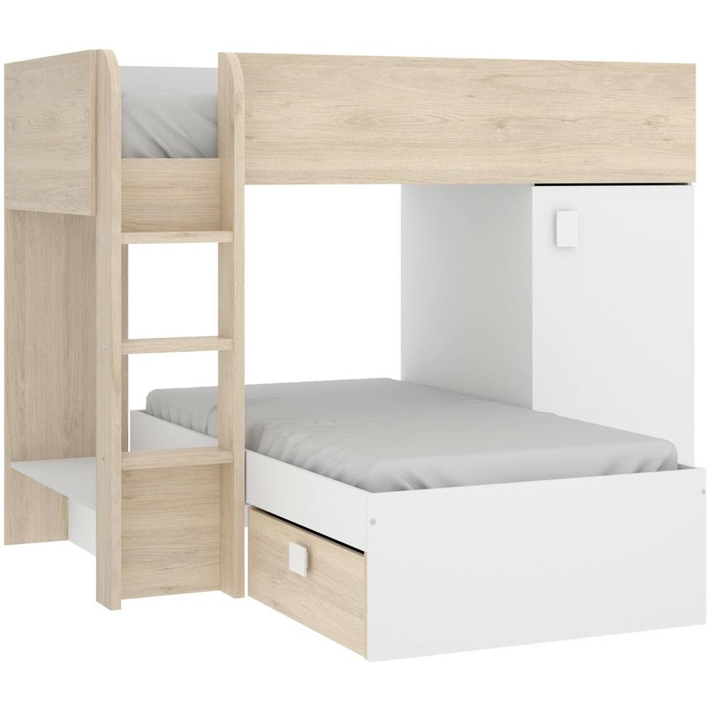 Letto Per Bambini Marmolada, Cameretta Completa Con Armadio E Cassetti, Composizione Letto A Castello Con Due Lettini Singoli, 255x112h150 Cm, Bianco E Rovere - Foto 2