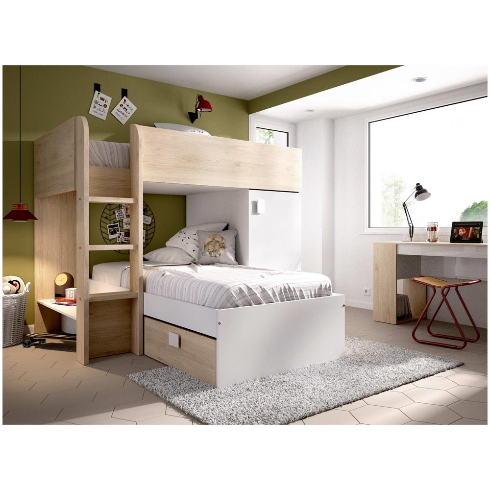 Letto Per Bambini Marmolada, Cameretta Completa Con Armadio E Cassetti, Composizione Letto A Castello Con Due Lettini Singoli, 255x112h150 Cm, Bianco E Rovere - Foto 4