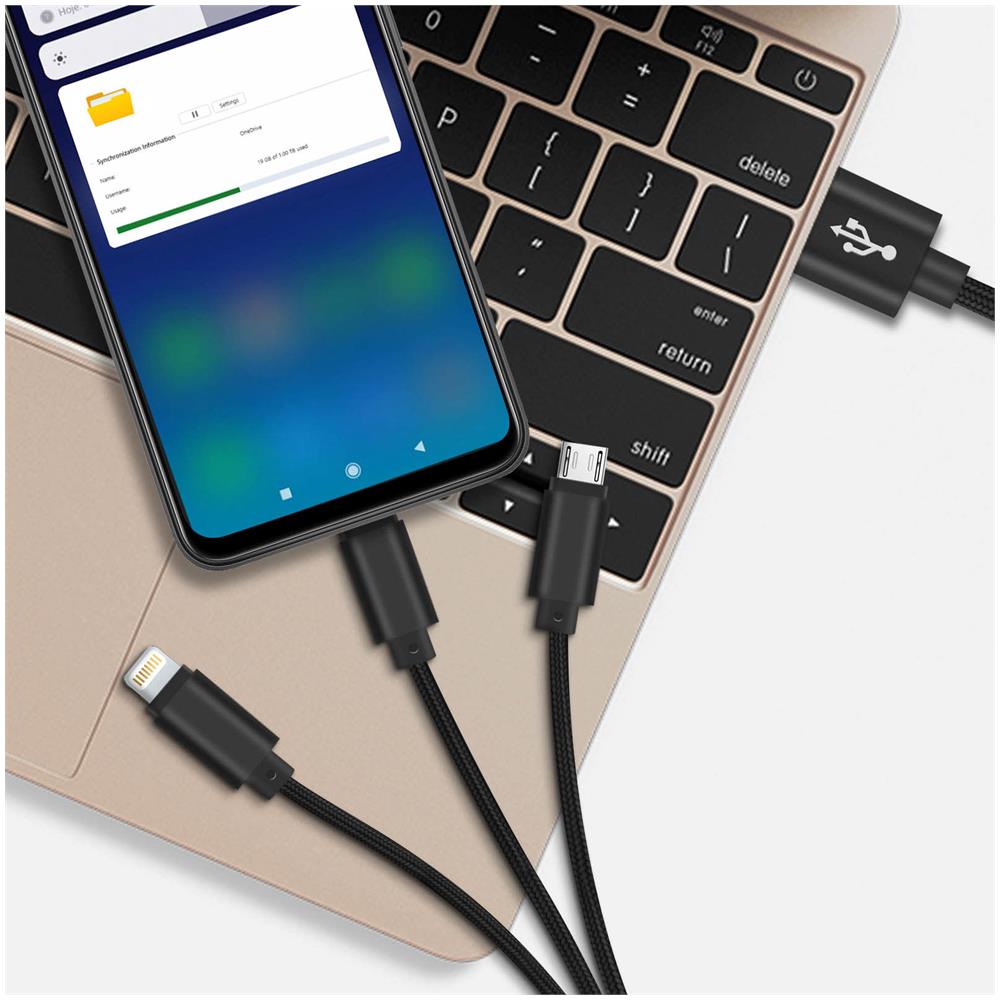 Cavo Usb 3 In 1 Per Ricarica, Cordone Robusto Da 1m,, Nero - Foto 2