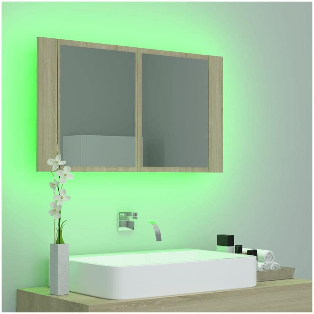 Armadietto a Specchio con Luci LED Rovere Sonoma in Acrilico - Foto 9