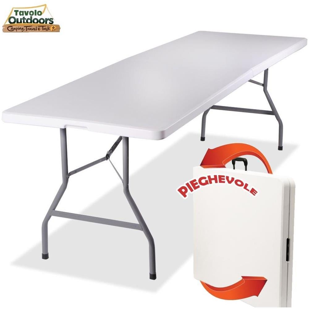 Tavolo Pieghevole in Resina 244x76x72cm Metallo Richiudibile a Valigetta Bianco - Foto 1