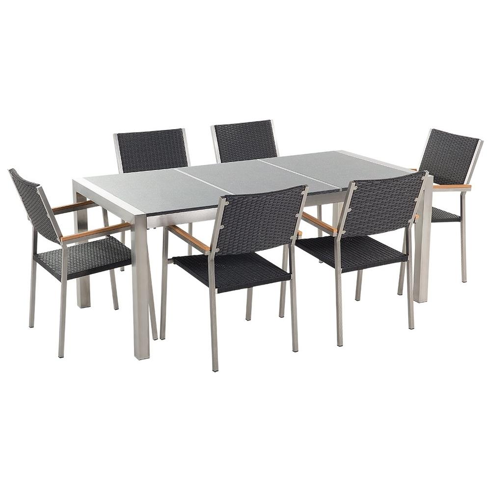 Set Di Tavolo E Sedie Da Giardino In Acciaio, Granito E Rattan - 180cm - Grigio Lucido - Grosseto - Foto 1