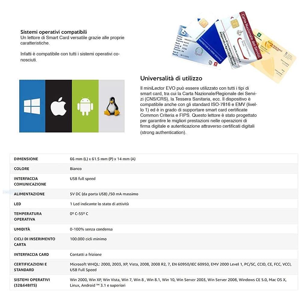 ORIGINALE Minilector evo 2.0 RFID, Lettore di Smart Card Readers, Firma digitale SPID e CRS CNS, Tessera sanitaria Carta, CAC Dod, Plug&Play, no driver, supporta carte Common Criteria e FIPS - Foto 12