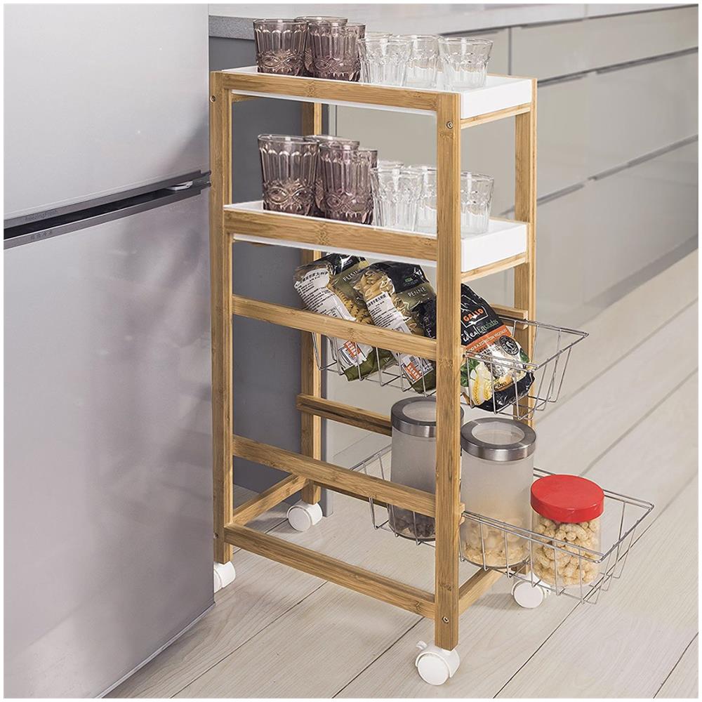 Carrello Cucina Slim Salvaspazio Legno Bambu 4 Ripiani 2 Vassoi 2 Cestelli Ruote - Foto 1