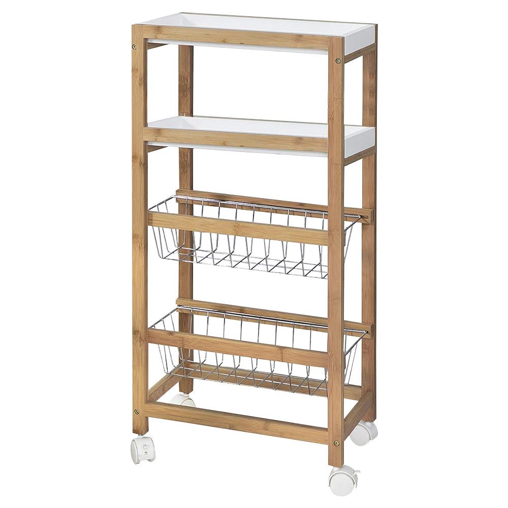 Carrello Cucina Slim Salvaspazio Legno Bambu 4 Ripiani 2 Vassoi 2 Cestelli Ruote - Foto 3