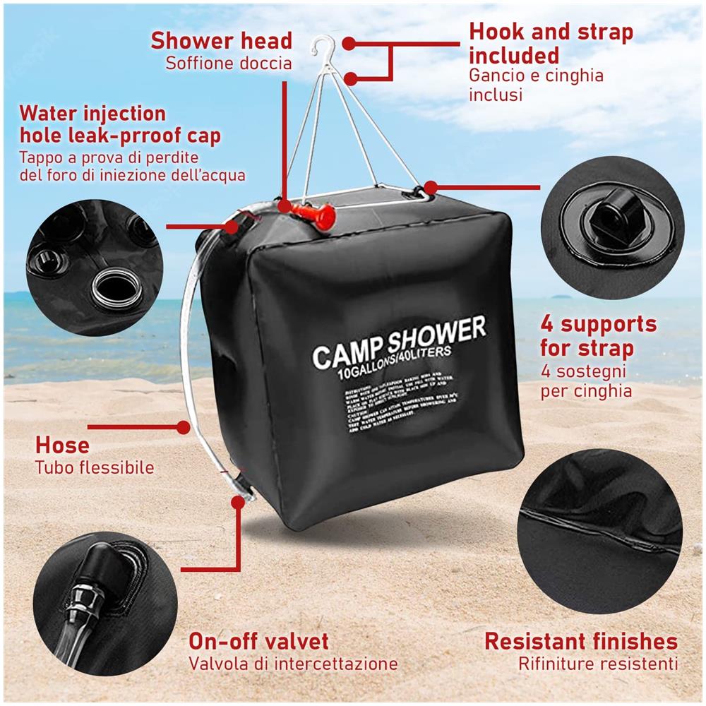 Borsa Doccia Solare Da Campeggio, 40l Riscaldamento Solare Borsa Da Campeggio Maxi, Doccia Portatile Con Tubo Rimovibile E Soffione Per Campeggio, Escursionismo Trekking Attività All'aperto - Foto 2