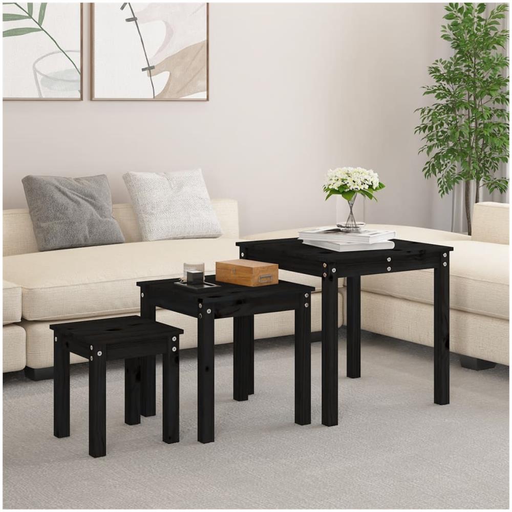 Tavolini A Incastro 3 Pz Nero In Legno Massello Di Pino - Foto 1