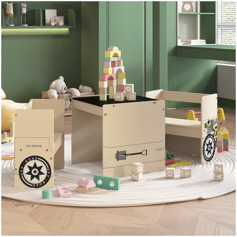 Set Tavolo e Sedia per Bambini 3 pz Auto Fuoristrada in MDF - Foto 1