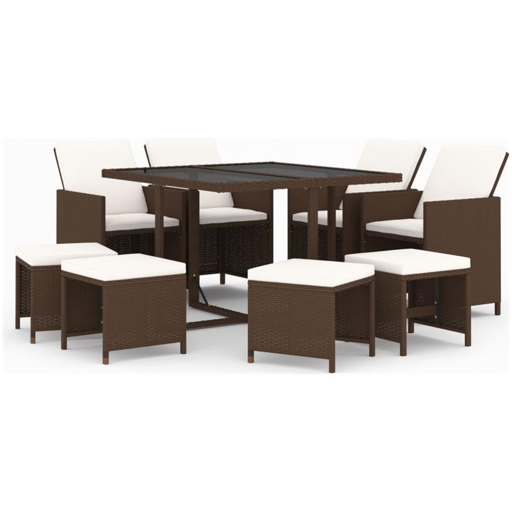Set Da Pranzo Per Giardino 9 Pz Con Cuscini Polyrattan Marrone - Foto 1