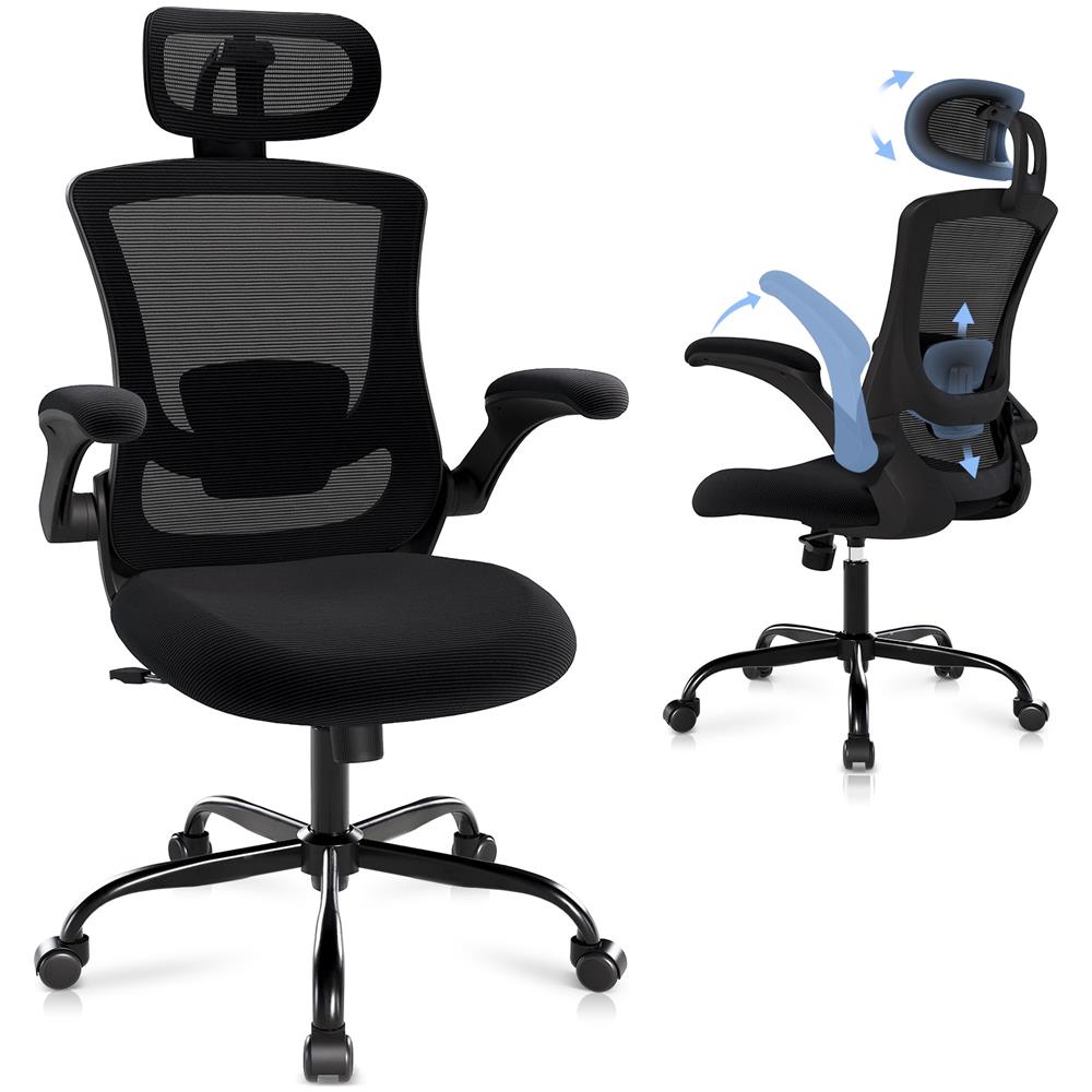 Sedia Da Ufficio - Sedia Ergonomica Con Poggiatesta, Supporto Lombare, Braccioli Ripiegabili E Funzione Dondolo 140°, Colore Nero - Foto 1