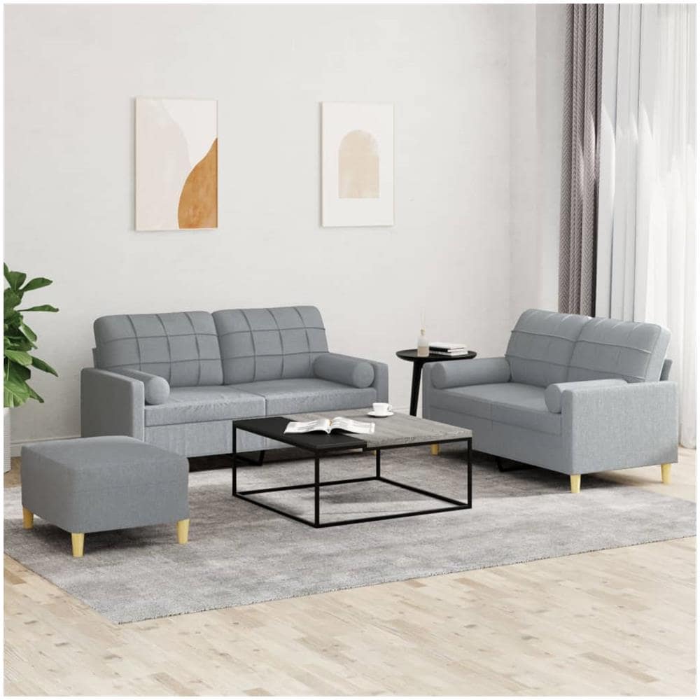 Set Divani 3 Pz Con Cuscini Grigio Chiaro In Tessuto - Foto 1