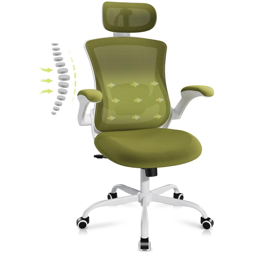 Sedia Ergonomica Per Ufficio - Sedia Da Scrivania In Rete Con Poggiatesta, Supporto Lombare, Braccioli Ribaltabili E Funzione Dondolo 140°, Verde - Foto 1