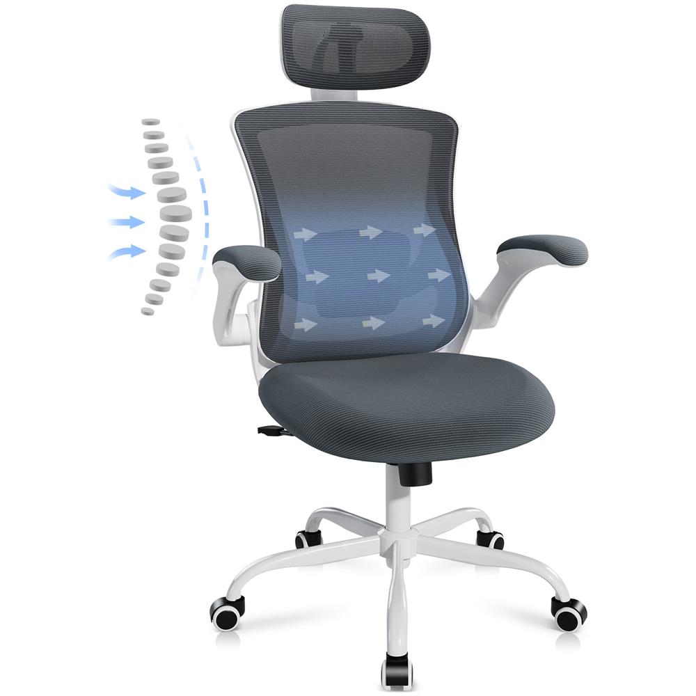 Sedia Da Ufficio - Sedia Ergonomica Con Poggiatesta, Supporto Lombare, Braccioli Ripiegabili E Funzione Dondolo 140°, Colore Grigio - Foto 1
