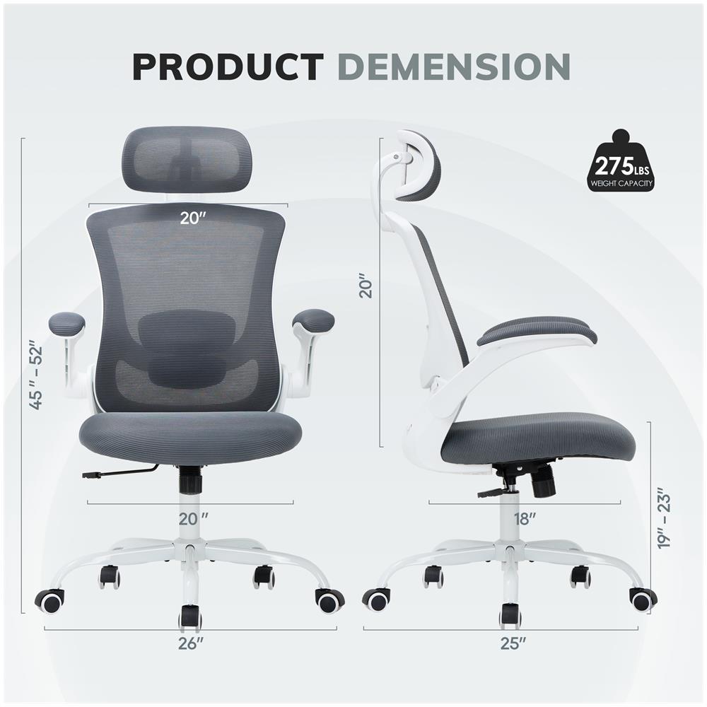Sedia Da Ufficio - Sedia Ergonomica Con Poggiatesta, Supporto Lombare, Braccioli Ripiegabili E Funzione Dondolo 140°, Colore Grigio - Foto 2