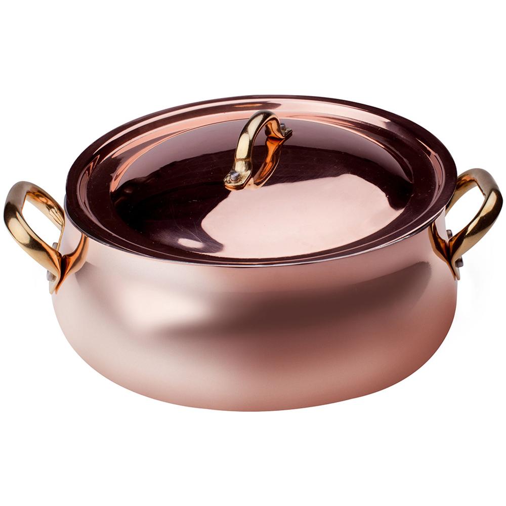 Casseruola Bassa Rame Liscio Stagnato A Mano Bombata Con Due Maniglie Ottone E Coperchio - Diametro Cm 24 - Altezza Cm 9,5-capacità Lt 4 - Foto 1
