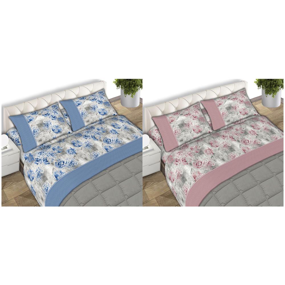 Completo Lenzuola Letto Matrimoniale 100% Cotone Made Italy Dis. Sonia Cn 2 Piazze Azzurro - Foto 6