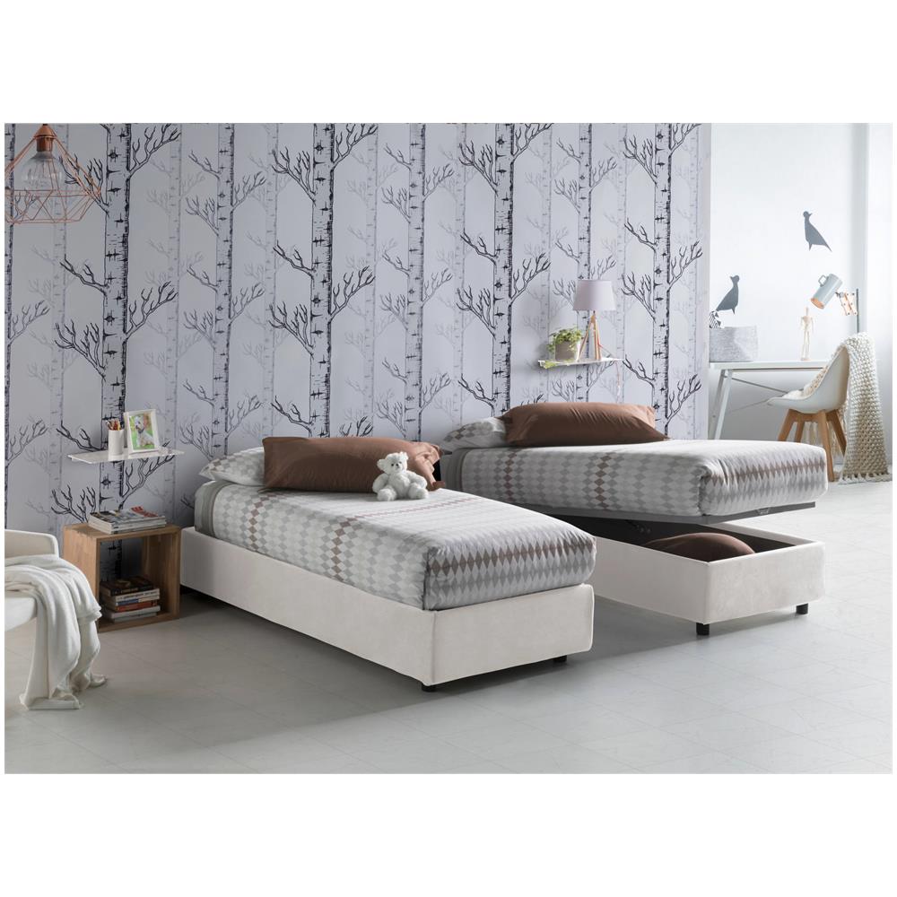 Letto Singolo Rachele, Letto Contenitore Con Rivestimento In Tessuto, 100% Made In Italy, Apertura Frontale, Con Materasso Cm 80x200 Incluso, Bianco - Foto 1