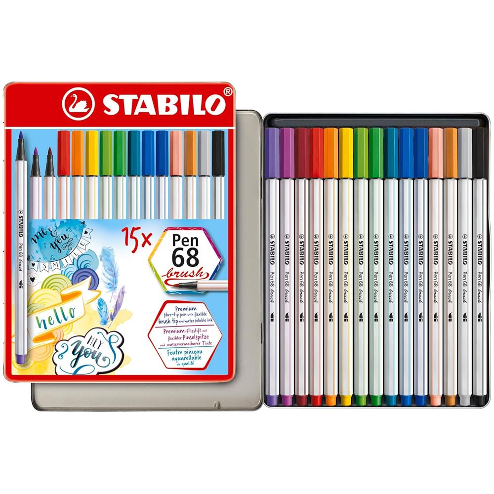 Pen 68 brush - Pennarello Premium con punta a pennello - Scatola in metallo da 15 - Colori assortiti - Foto 1