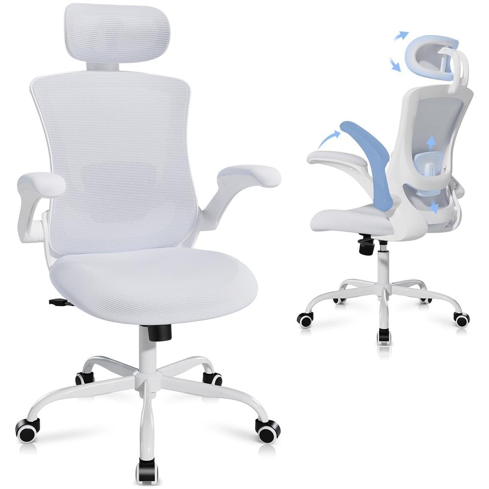 Sedia Da Ufficio - Sedia Ergonomica Con Poggiatesta, Supporto Lombare, Braccioli Ripiegabili E Funzione Dondolo 140°, Colore Bianco - Foto 1
