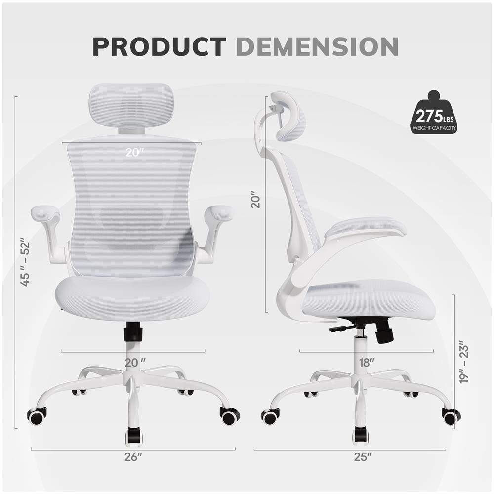 Sedia Da Ufficio - Sedia Ergonomica Con Poggiatesta, Supporto Lombare, Braccioli Ripiegabili E Funzione Dondolo 140°, Colore Bianco - Foto 2