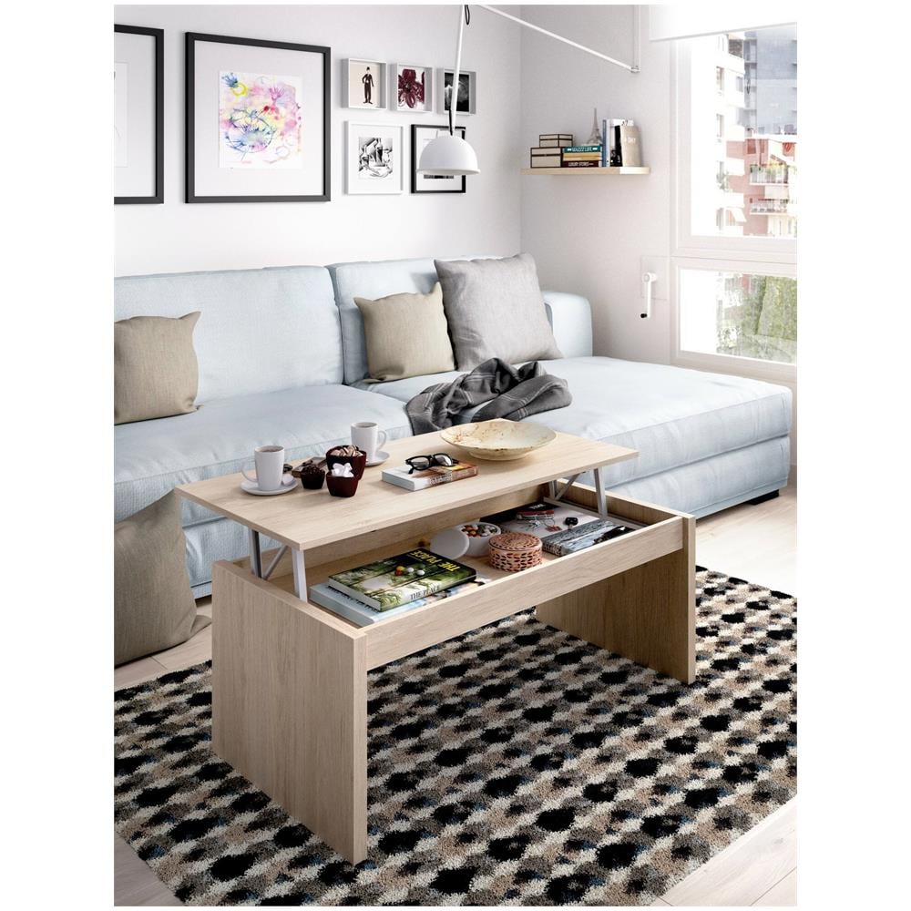 Tavolino Da Salotto Cuar, Porta Riviste Da Soggiorno Con Vano Portaoggetti, Tavolo Basso Da Caffè Elevabile, 102x50h43 Cm, Rovere - Foto 4