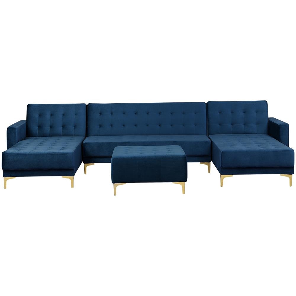 Divano A Forma Di U Con Ottomana Aberdeen Blu Marino Velluto Simmetrico - Foto 1