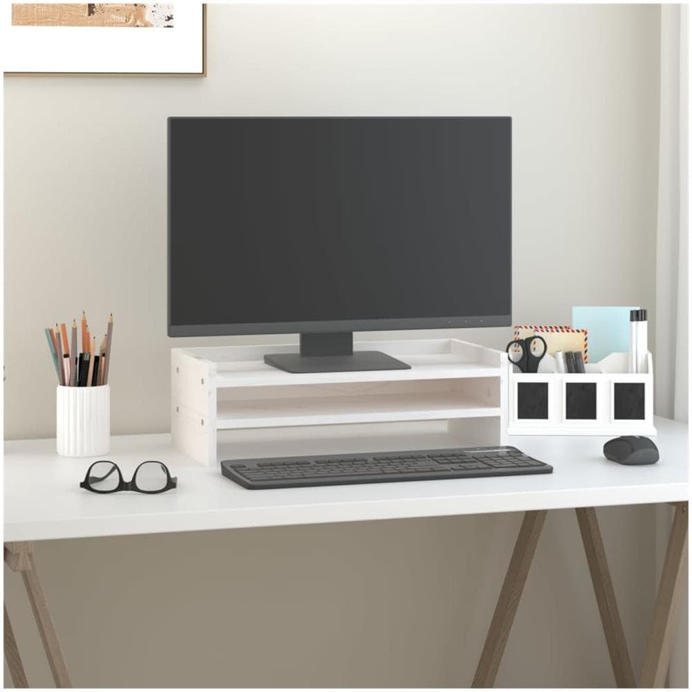 Supporto Per Monitor Bianco 50x24x16 Cm Legno Massello Di Pino - Foto 3