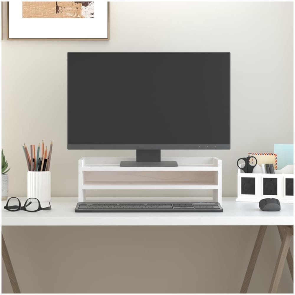 Supporto Per Monitor Bianco 50x24x16 Cm Legno Massello Di Pino - Foto 1