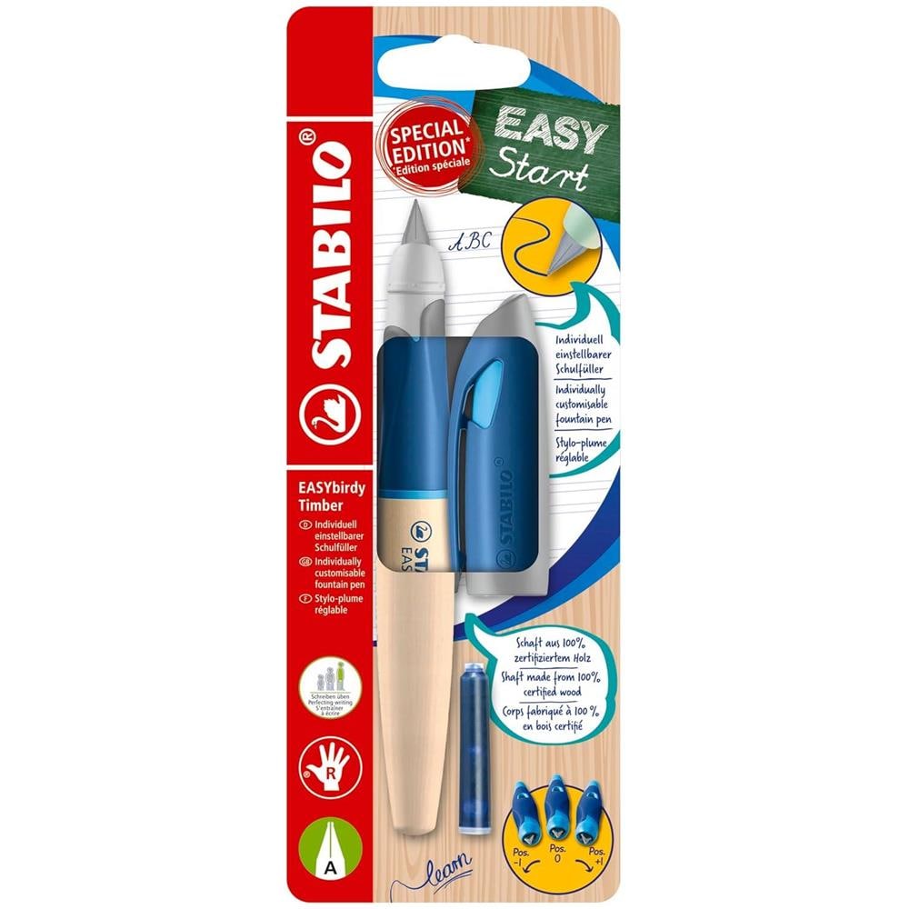 EASYbirdy Timber - Penna Stilografica Ergonomica - Blu - per Destrimani - Punta Principiante - Cartuccia Blu inclusa - Foto 1