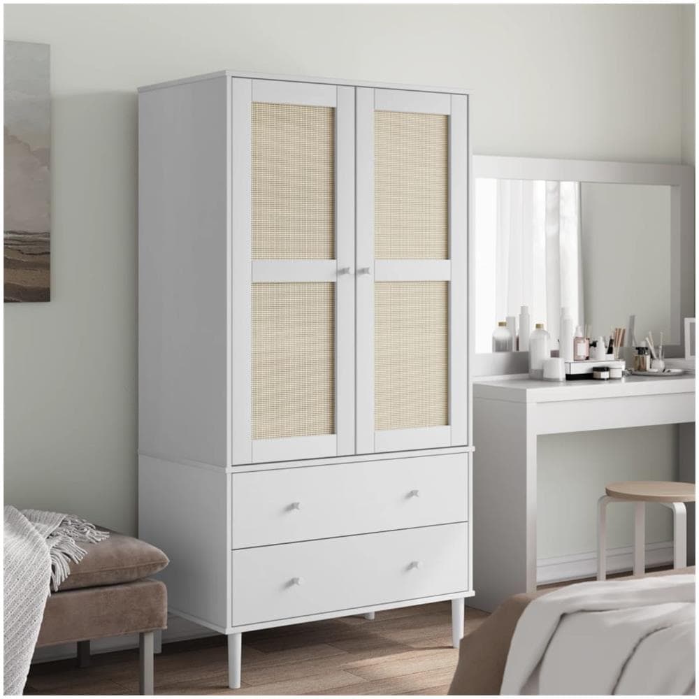 Armadio SENJA Aspetto Rattan Bianco 90x55x175 cm Massello Pino - Foto 1