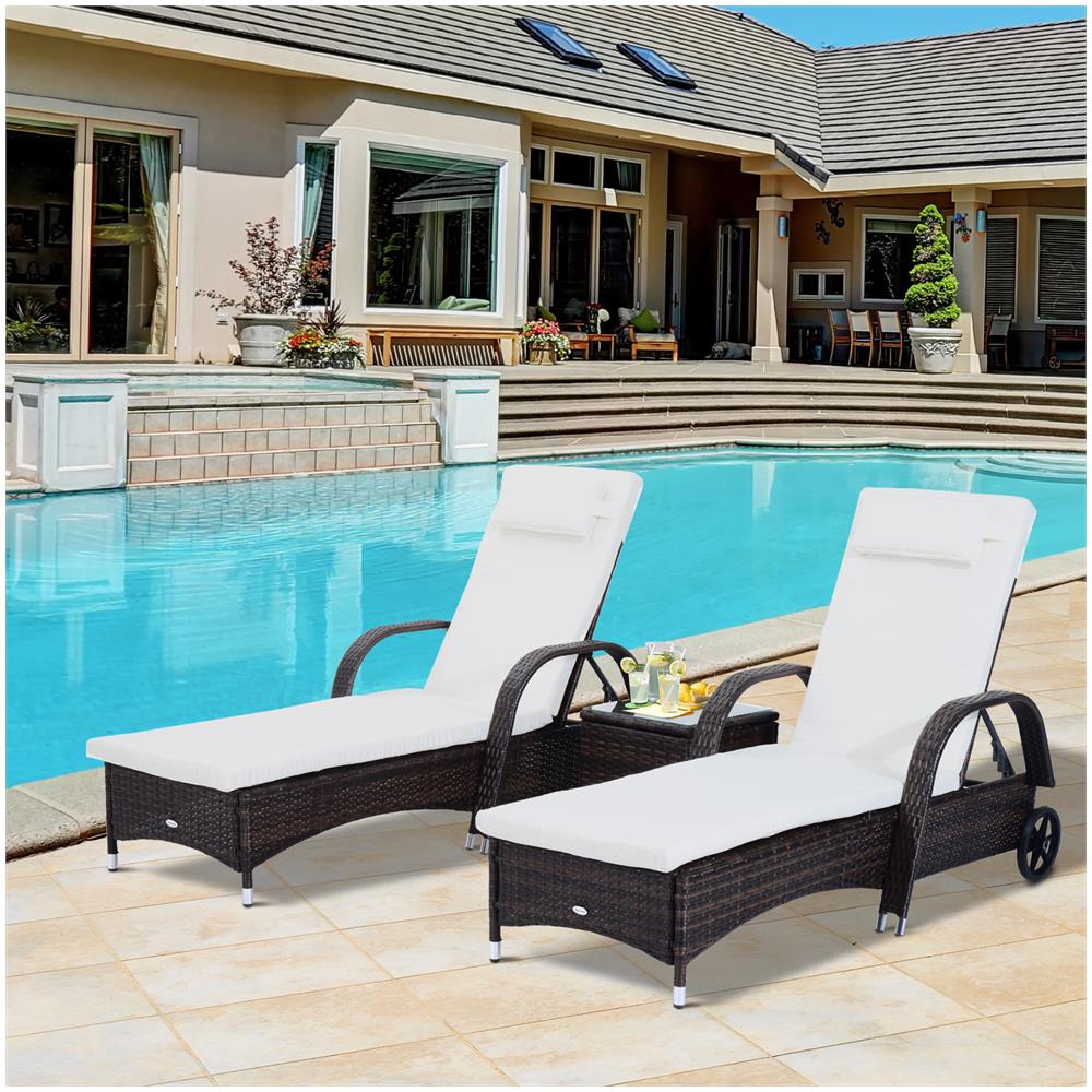 Set In Rattan 2 Lettini A Sdraio Reclinabili Imbottiti Con Rotelle E Tavolino, Marrone - Foto 2