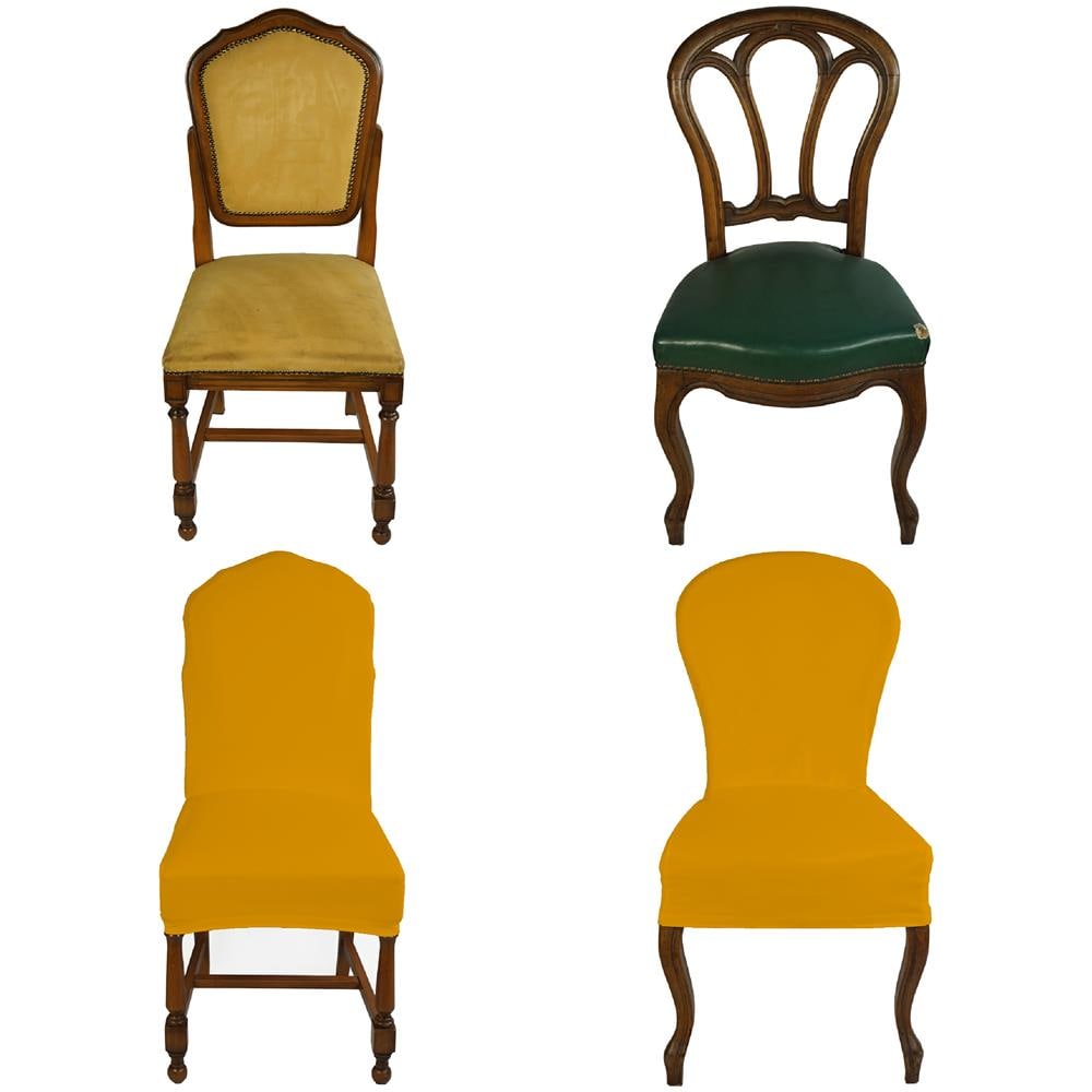 Set 2 Vestisedia Universale Con Schienale Tondo Subito Fatto Per Sedie Da Ufficio, Cucina, Sala Da Pranzo, Camera, Hotel O Ristorante In Tessuto Super Elasticizzato Made In Italy Oro - Foto 1