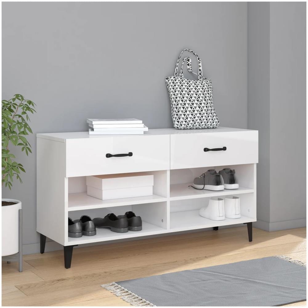 Scarpiera Bianco Lucido 102x35x55 Cm In Legno Multistrato - Foto 1