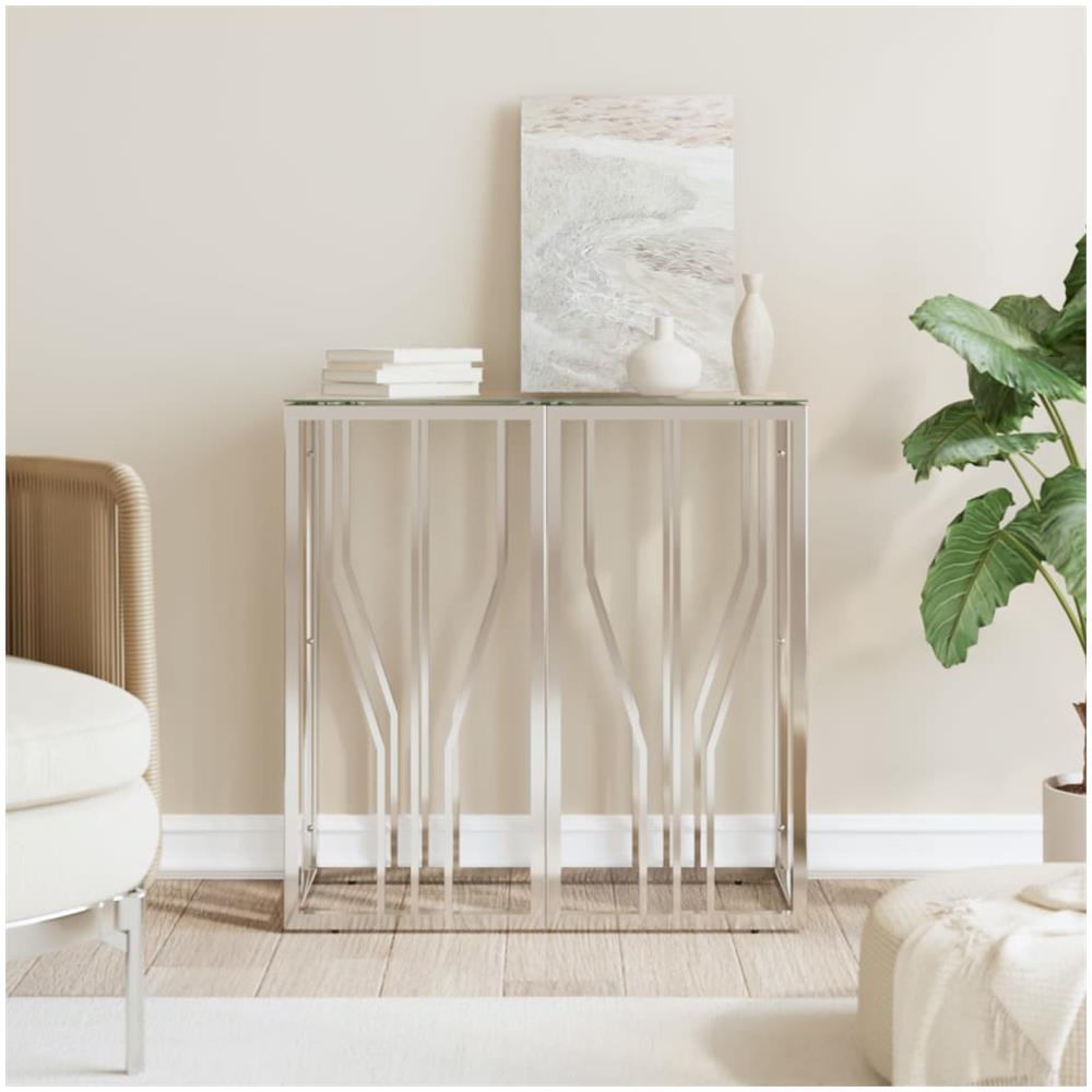 Tavolino Consolle 70x30x70 Cm In Acciaio Inox E Vetro - Foto 1