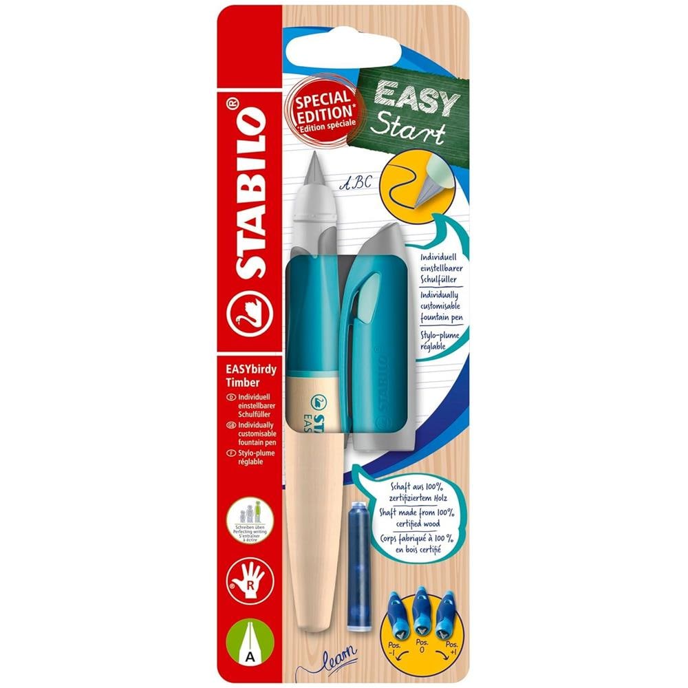 EASYbirdy Timber - Penna Stilografica Ergonomica - Verde - per Destrimani - Punta Principiante - Cartuccia Blu inclusa - Foto 1