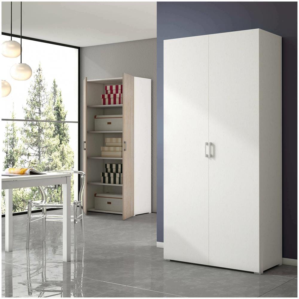 Armadio Multiuso Alisso, Mobile Lineare A 2 Ante Battenti, Guardaroba A 4 Ripiani Regolabili, Scarpiera Moderna, 100% Made In Italy, 90x45h195 Cm, Bianco - Foto 1