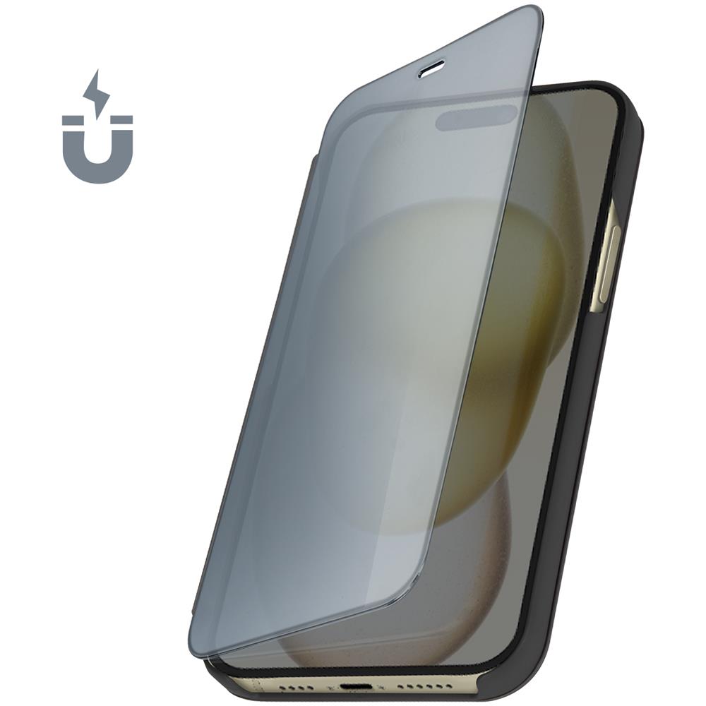 Custodia Clear View Per Iphone 15 Plus Effetto Specchio Supporto Nera - Foto 2