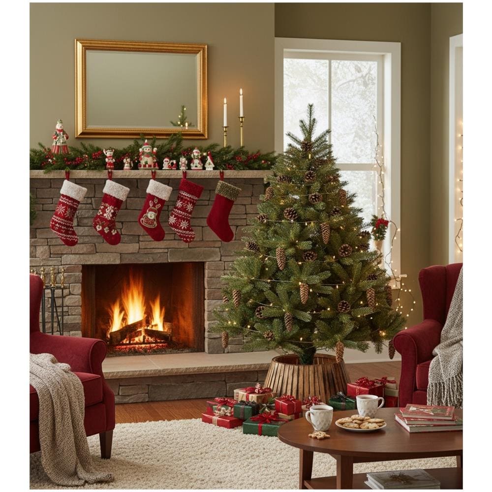 Copertura vaso base albero di Natale in corteccia naturale, tessuto beige - Foto 2