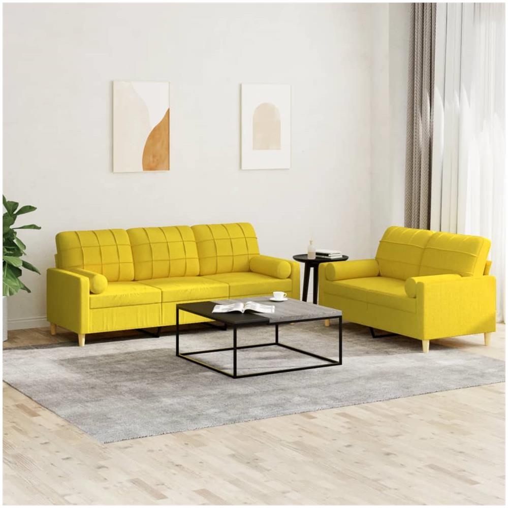 Set Di Divani 2 Pz Con Cuscini Giallo Chiaro In Tessuto - Foto 1