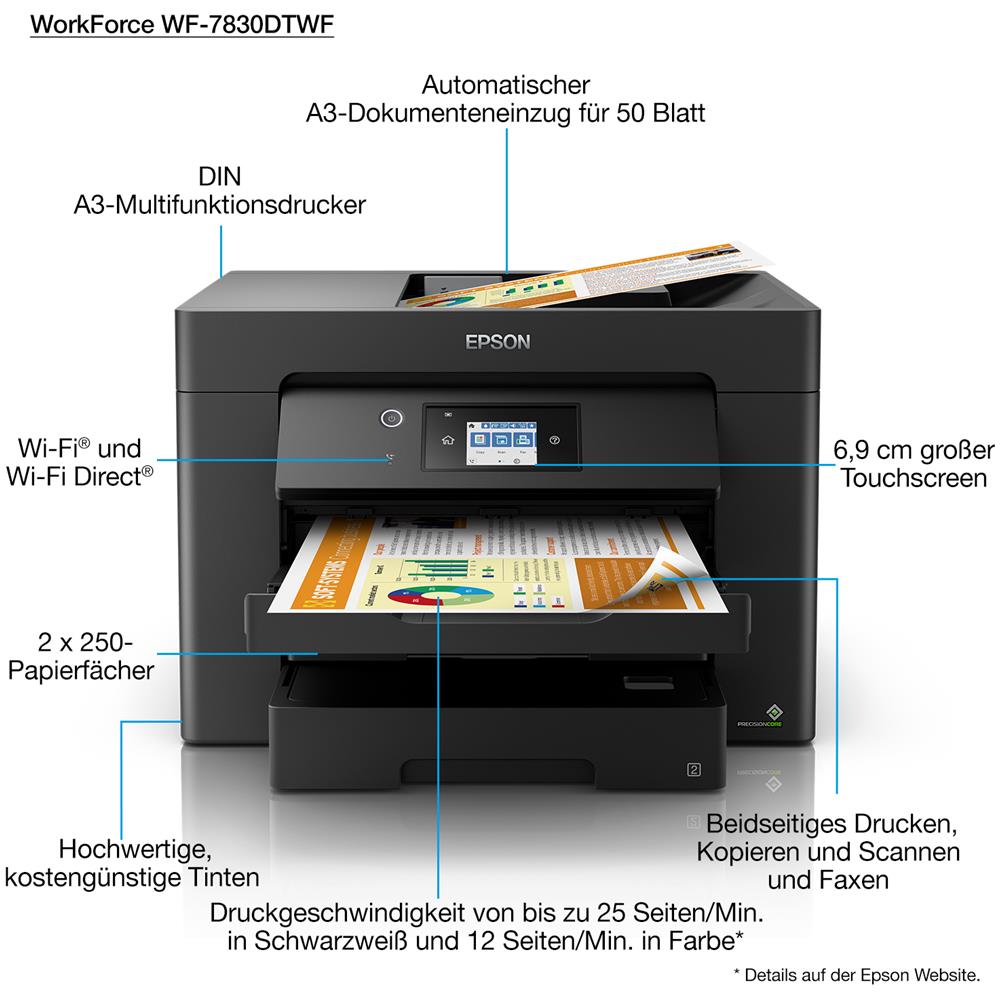 Stampante Multifunzione WorkForce WF-7830DTWF Inkjet a Colori Stampa Copia Scansione Fax A3 25 ppm (B / N) 12 ppm (a Colori) Wi-Fi / Ethernet / USB - Foto 4