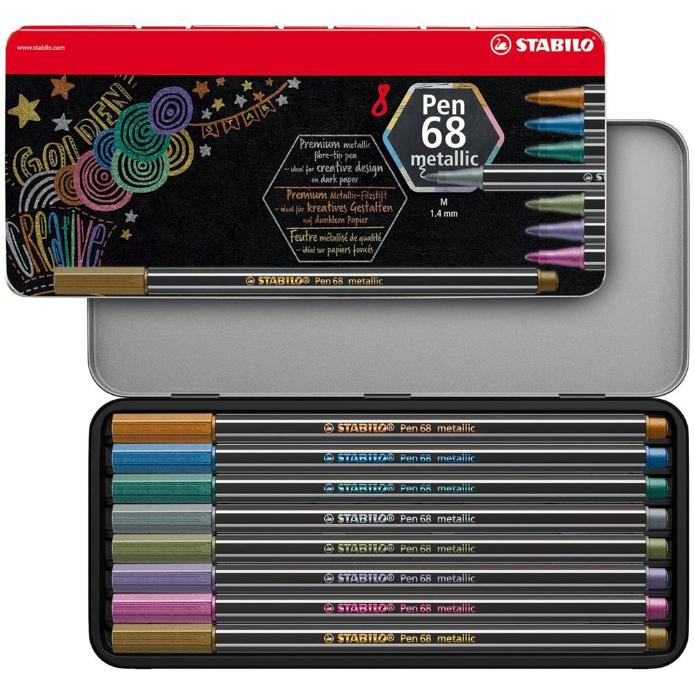 Pen 68 metallic - Pennarello Premium Metallizzato - Scatola in metallo da 8 - Colori assortiti - Foto 1