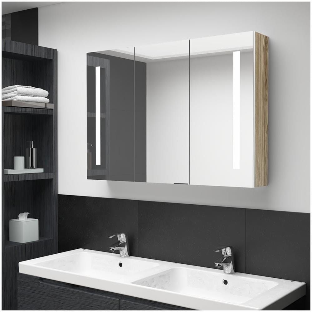 Armadietto Bagno Con Specchio E Led Bianco E Rovere 89x14x62 Cm - Foto 1