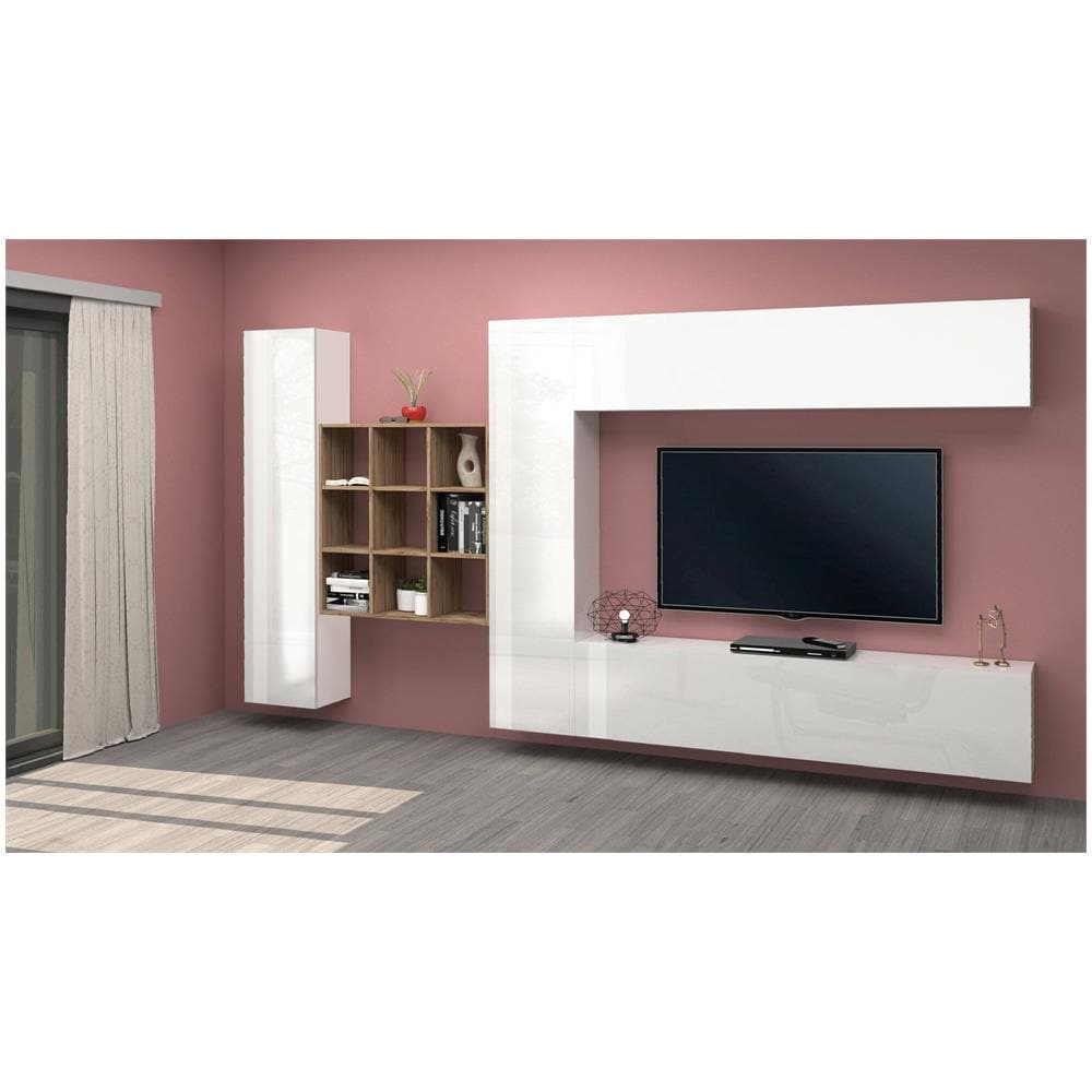 Parete Attrezzata Gualtiero, Set Salotto Porta Tv A 4 Ante, Mobile Soggiorno Multiuso, 100% Made In Italy, Cm 350x30h180, Bianco Lucido - Foto 1
