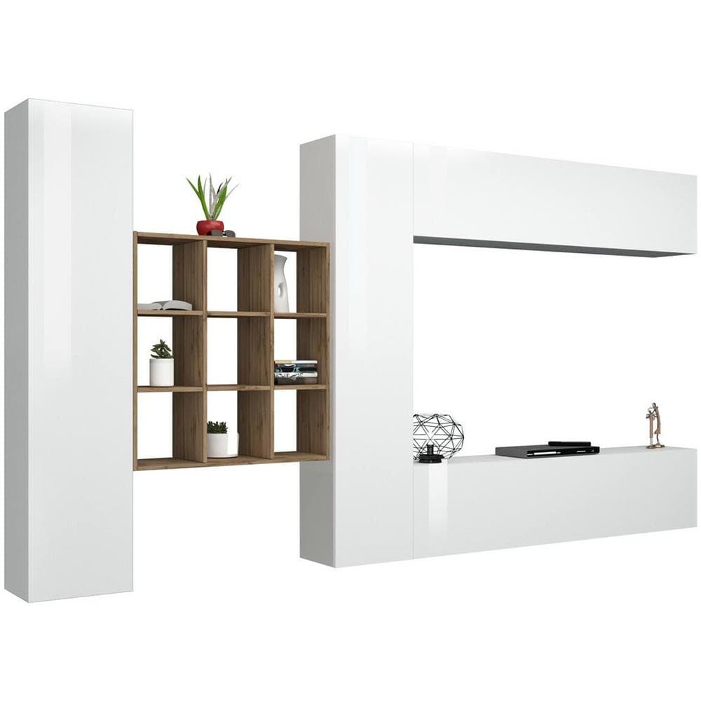 Parete Attrezzata Gualtiero, Set Salotto Porta Tv A 4 Ante, Mobile Soggiorno Multiuso, 100% Made In Italy, Cm 350x30h180, Bianco Lucido - Foto 2