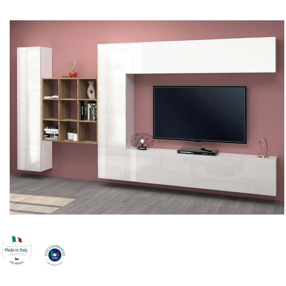 Parete Attrezzata Gualtiero, Set Salotto Porta Tv A 4 Ante, Mobile Soggiorno Multiuso, 100% Made In Italy, Cm 350x30h180, Bianco Lucido - Foto 4