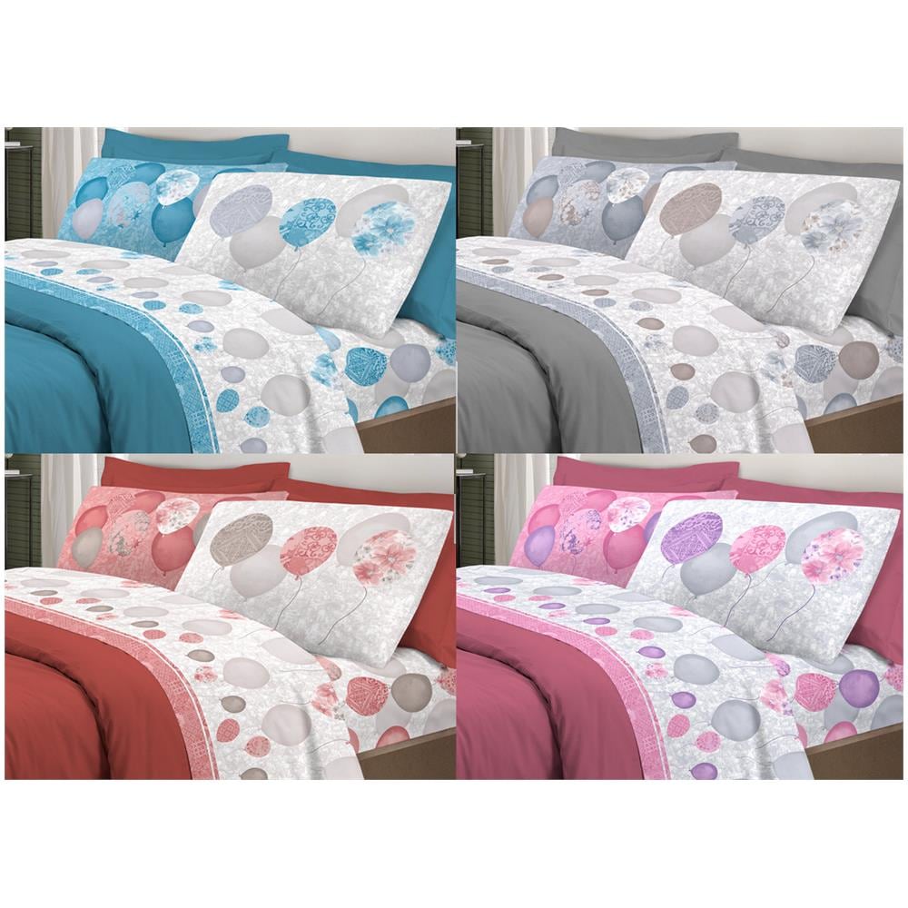 Completo Lenzuola Letto Pensieri Delicati 100% Cotone Dis. Palloncini Piazza E Mezza Rosa - Foto 2