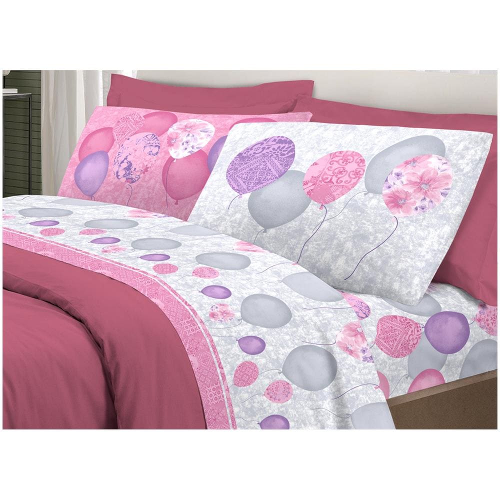 Completo Lenzuola Letto Pensieri Delicati 100% Cotone Dis. Palloncini Piazza E Mezza Rosa - Foto 1