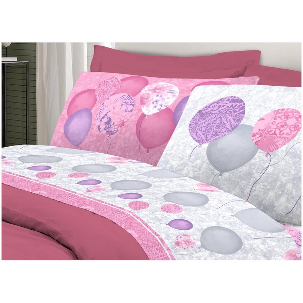 Completo Lenzuola Letto Pensieri Delicati 100% Cotone Dis. Palloncini Piazza E Mezza Rosa - Foto 4
